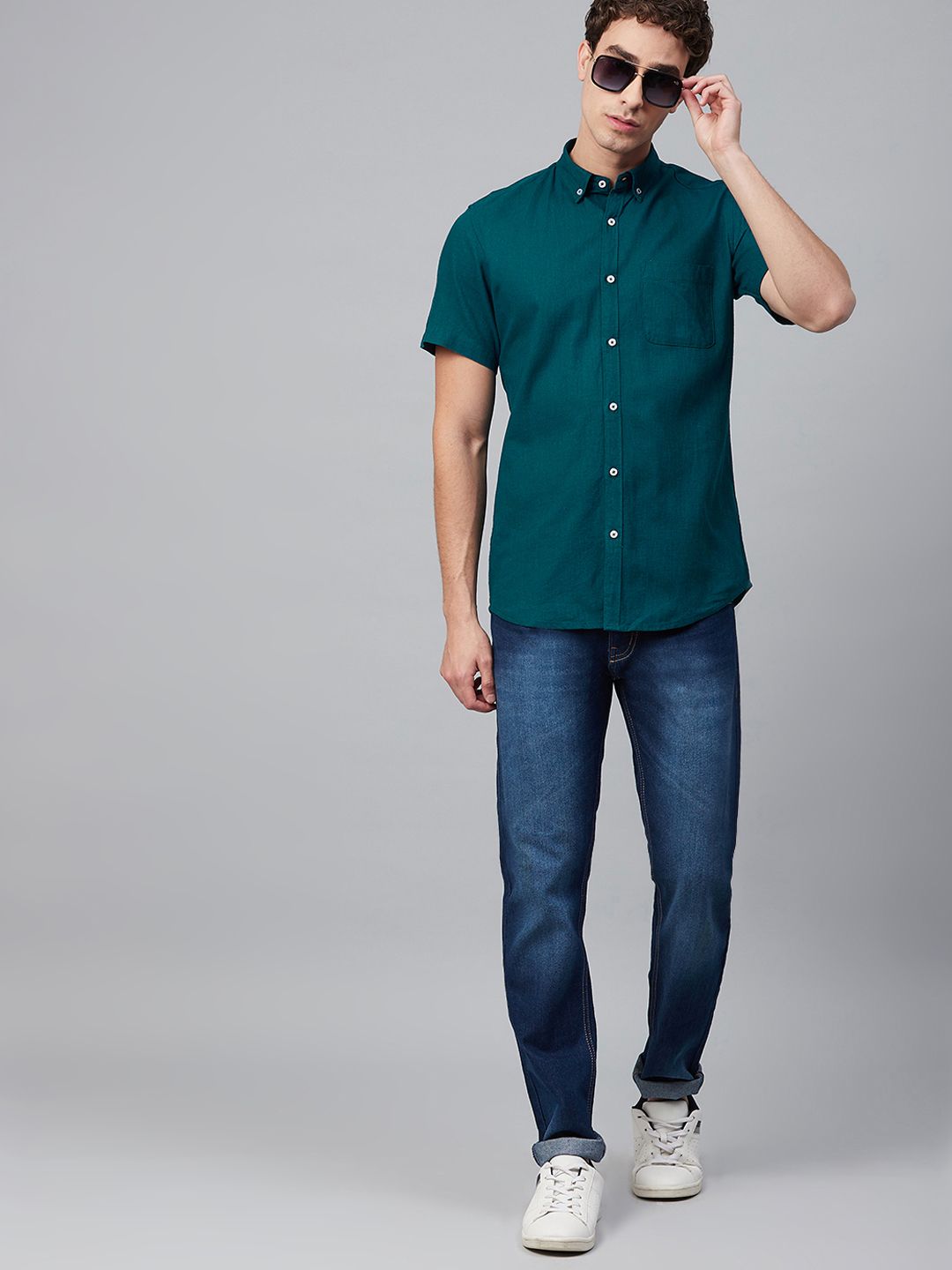 DENNISON Men Teal Green Smart Slim Fit Solid Cotton Linen Casual Shirt