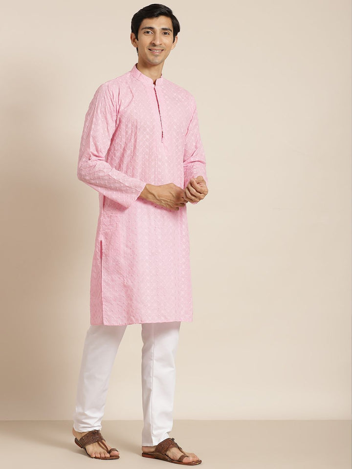 SOJANYA Men Pink Ethnic Motifs Chikankari Pure Cotton Kurta with Churidar & Nehru Jacket
