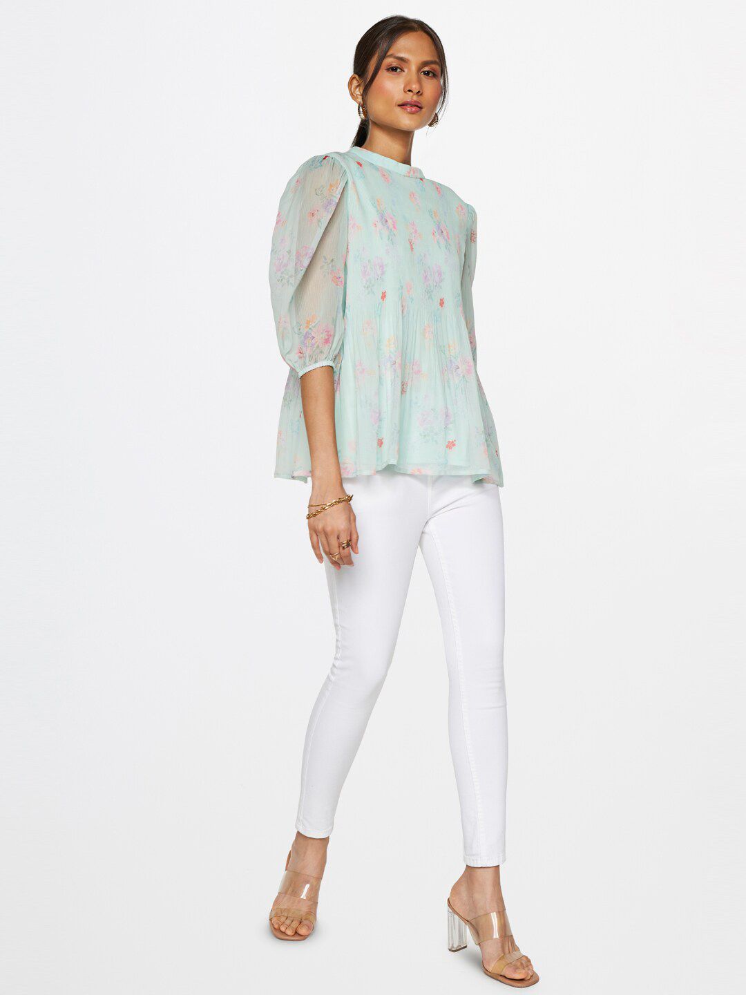AND Floral Printed Round Neck Puff Sleeve Regular Top