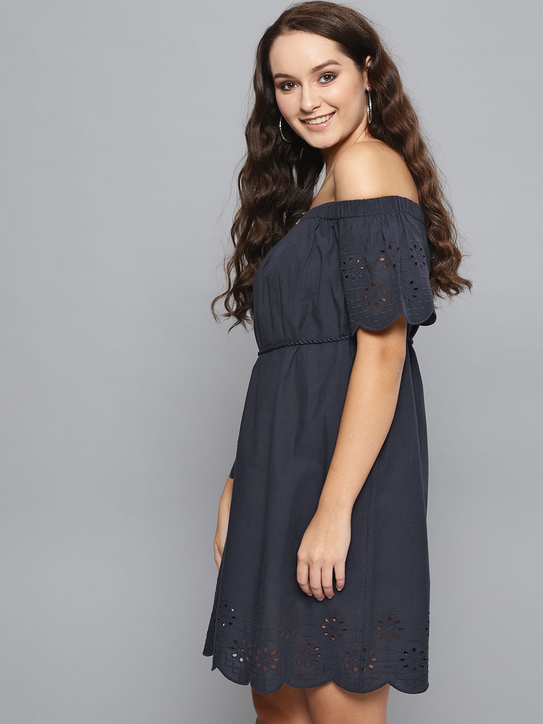 STREET 9 Women Navy Blue Solid Off-Shoulder Shift Dress