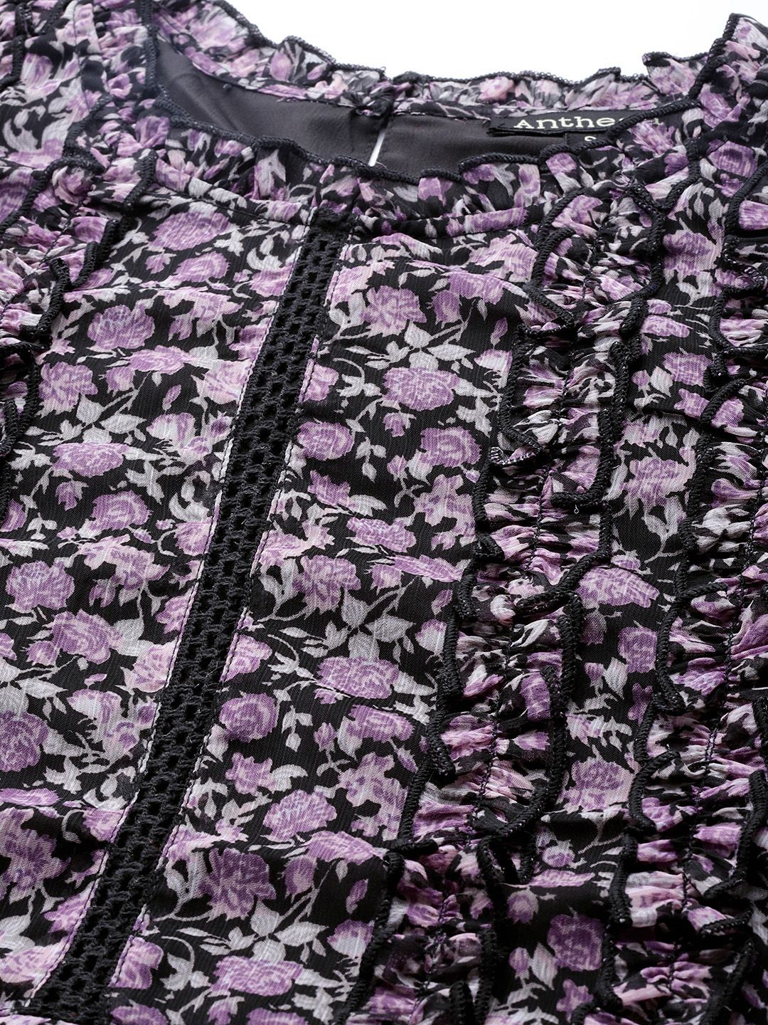 Antheaa Women Black & Lavender Floral Print Bishop Sleeves Peplum Top