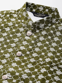 SOJANYA Men Navy Blue Chikankari Embroidered Kurta with Churidar & Nehru Jacket