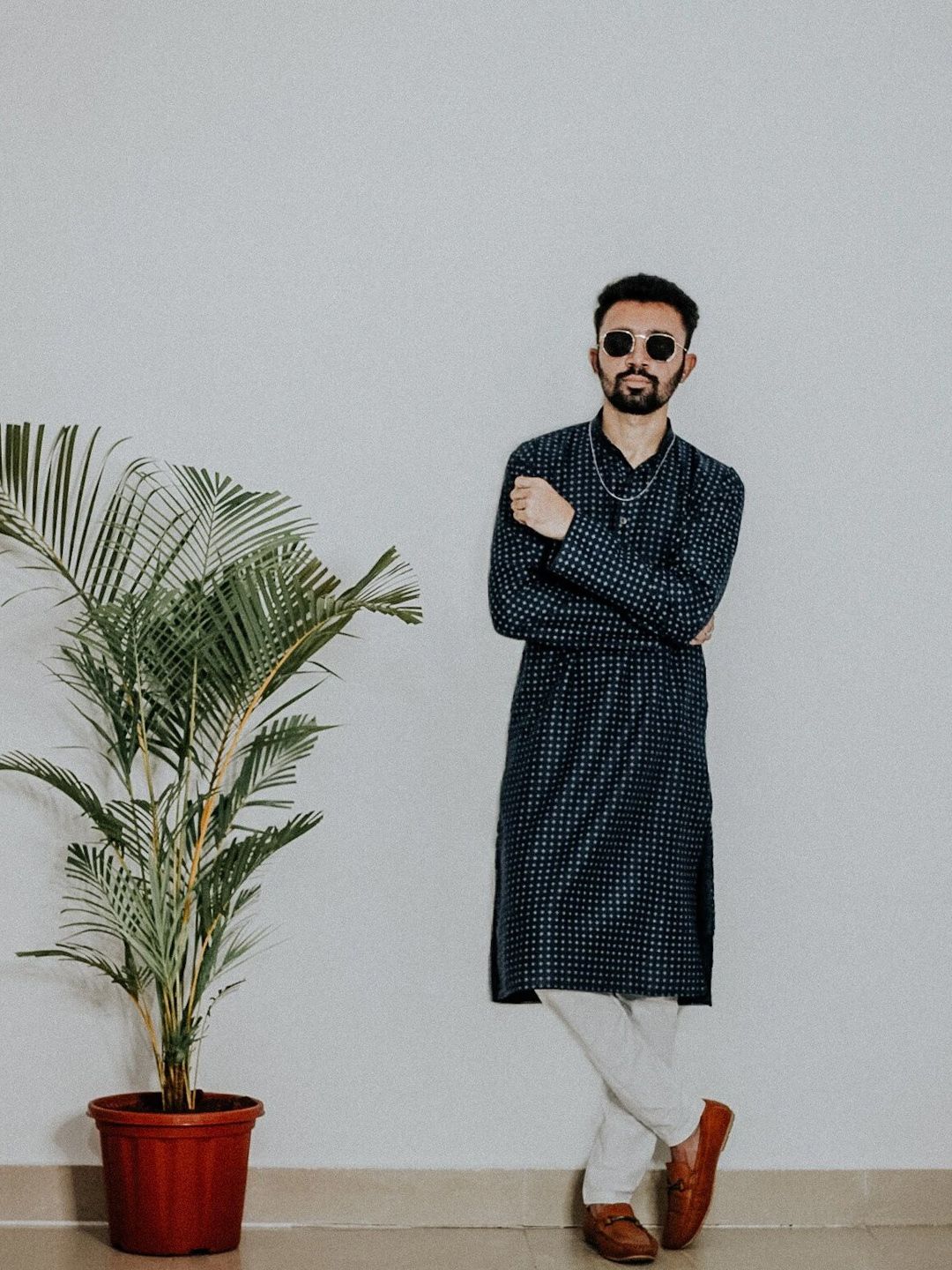 SOJANYA Lelaki Navy Blue & Off-White Printed Straight Kurta