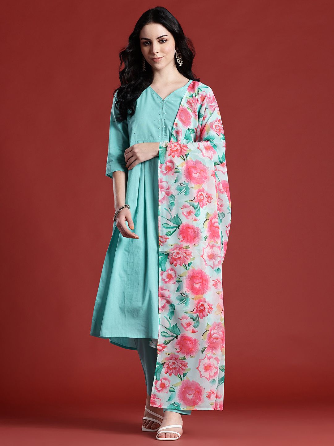 Anouk Floral Empire Pure Cotton Kurta with Trousers & Dupatta