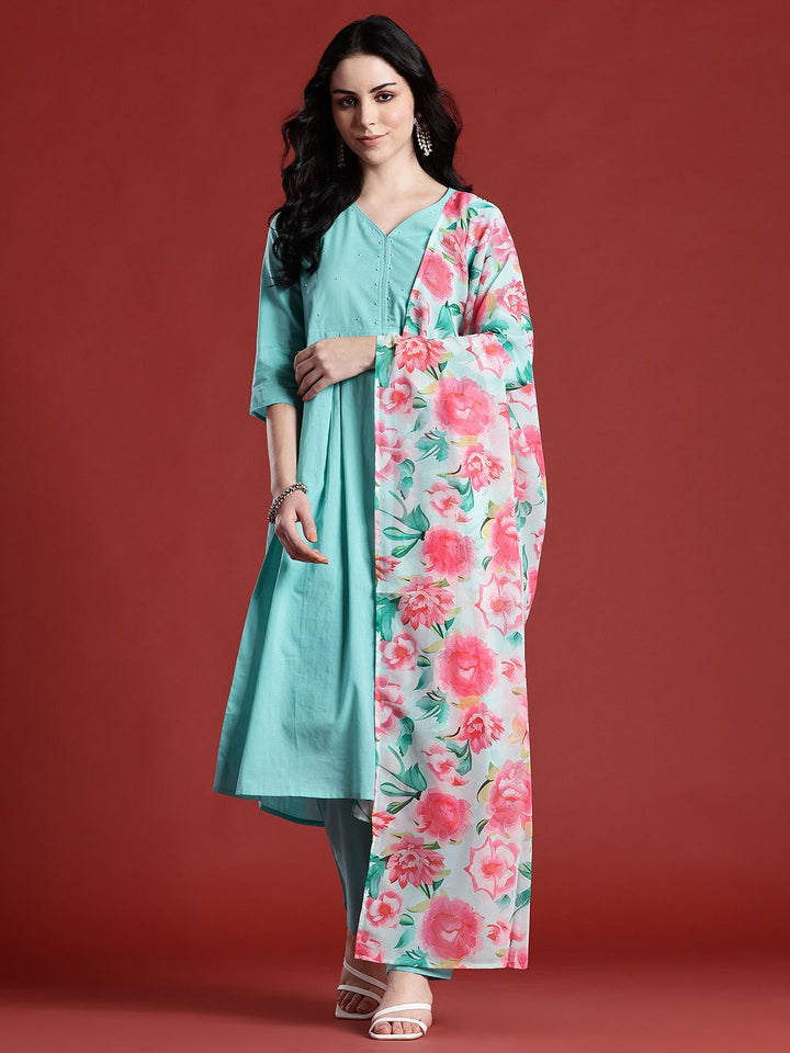 Anouk Floral Empire Pure Cotton Kurta with Trousers & Dupatta