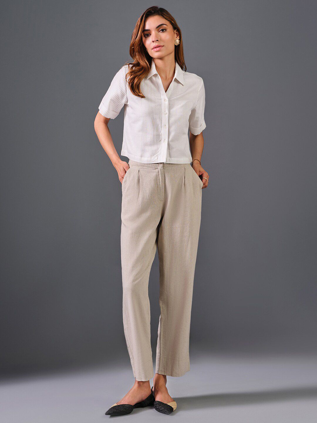 AND Striped Pure Cotton Shirt Style Crop Top