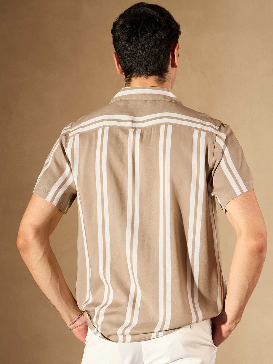 DENNISON Vertical Striped Printed Cuban Collar Smart Casual Shirt