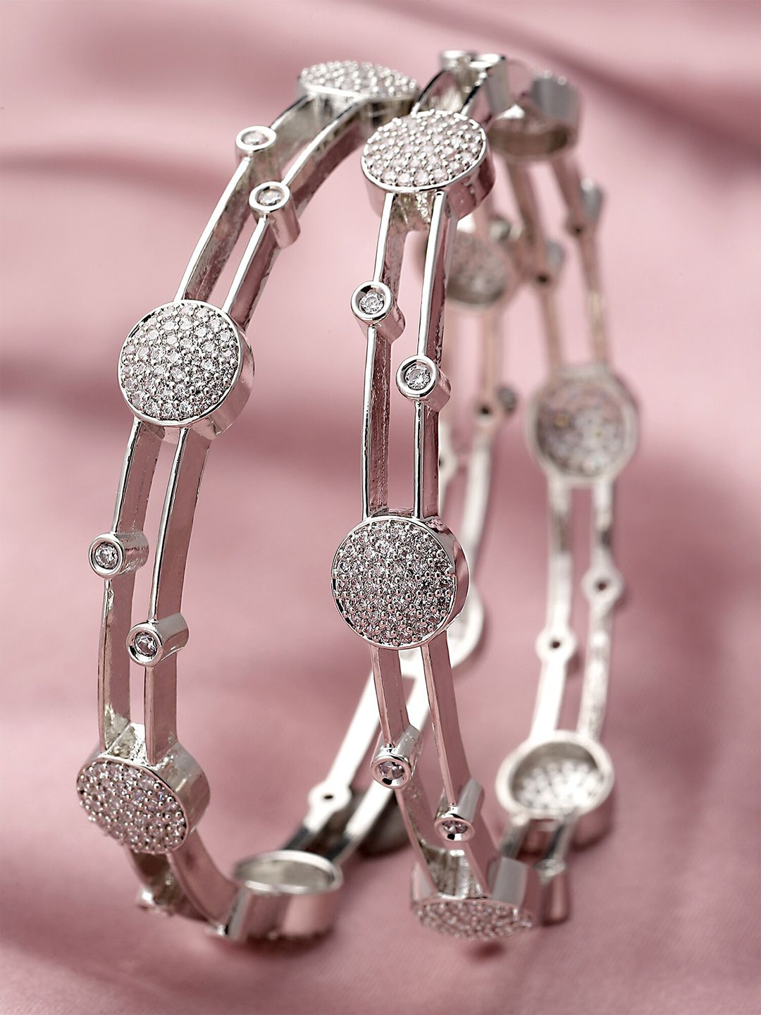 KARATCART Set Of 2 Silver Plated Cubic Zirconia Studded Bangles