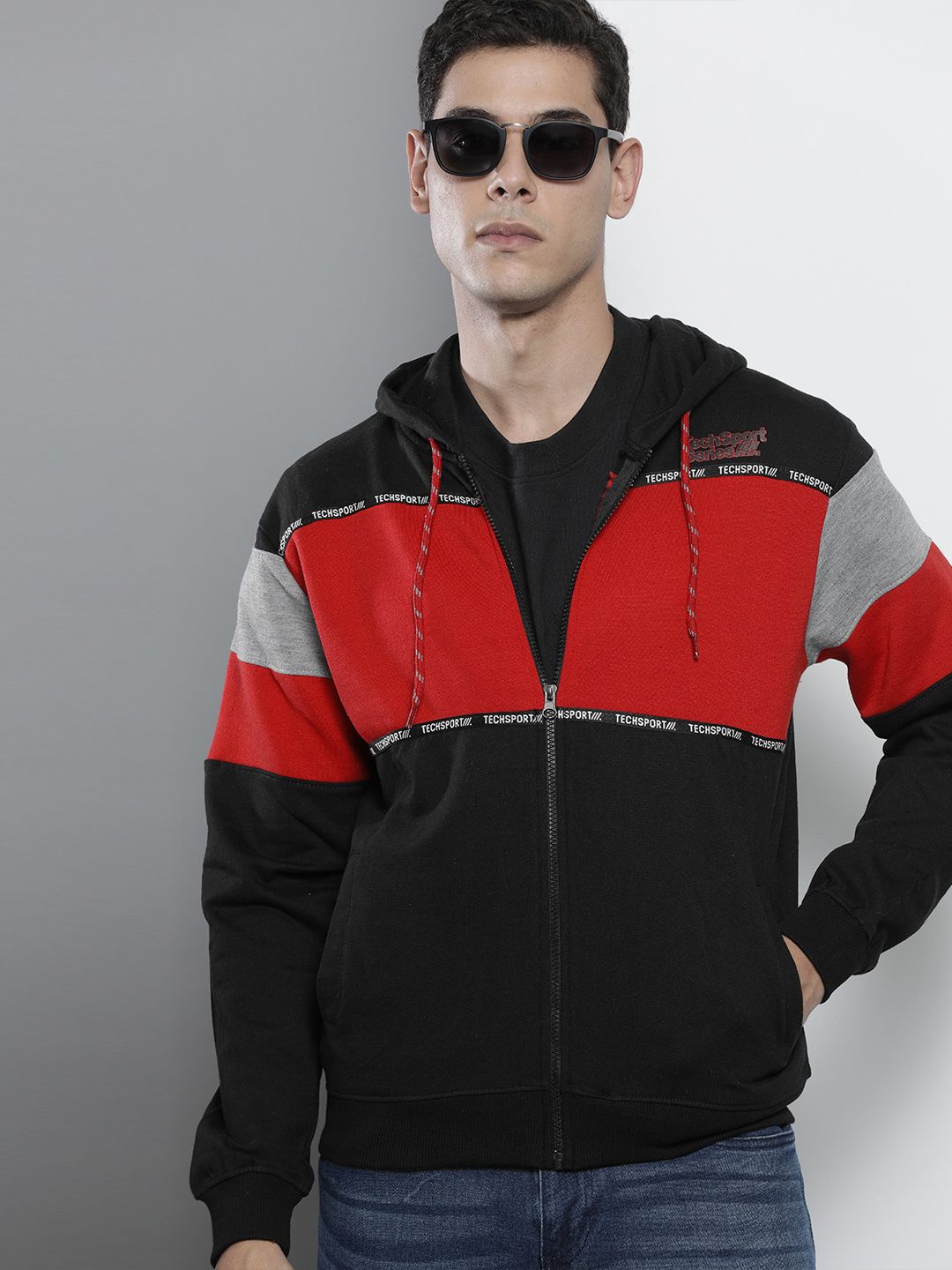 The Indian Garage Co Men Black Colourblocked Hooded Sweatshirt