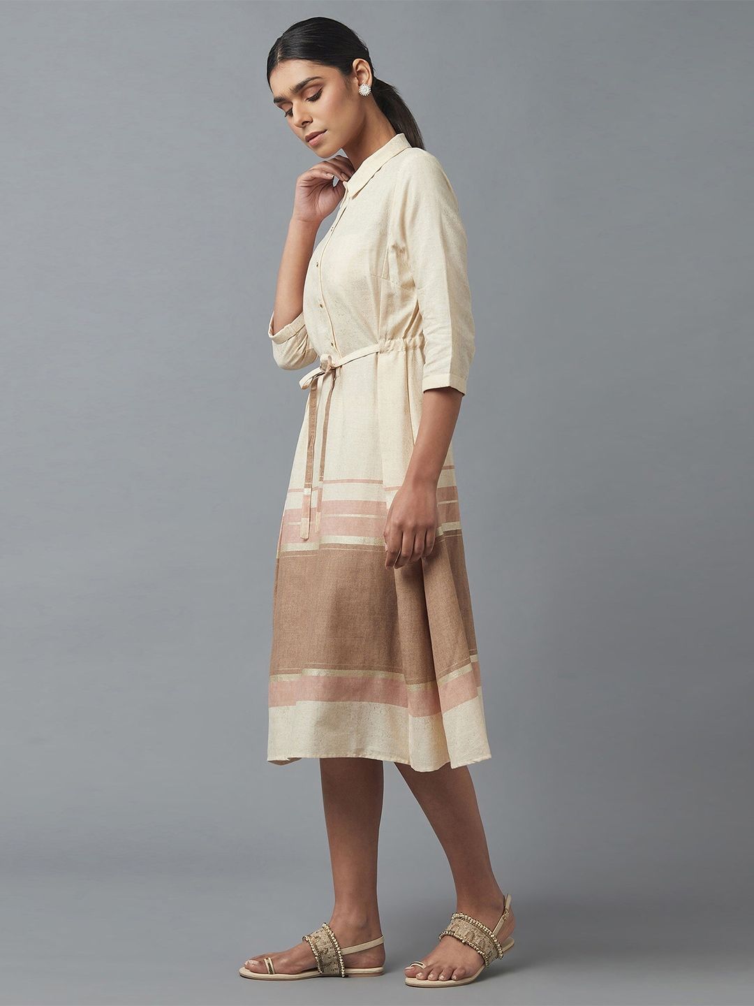 W Beige & Brown Ethnic Midi Dress