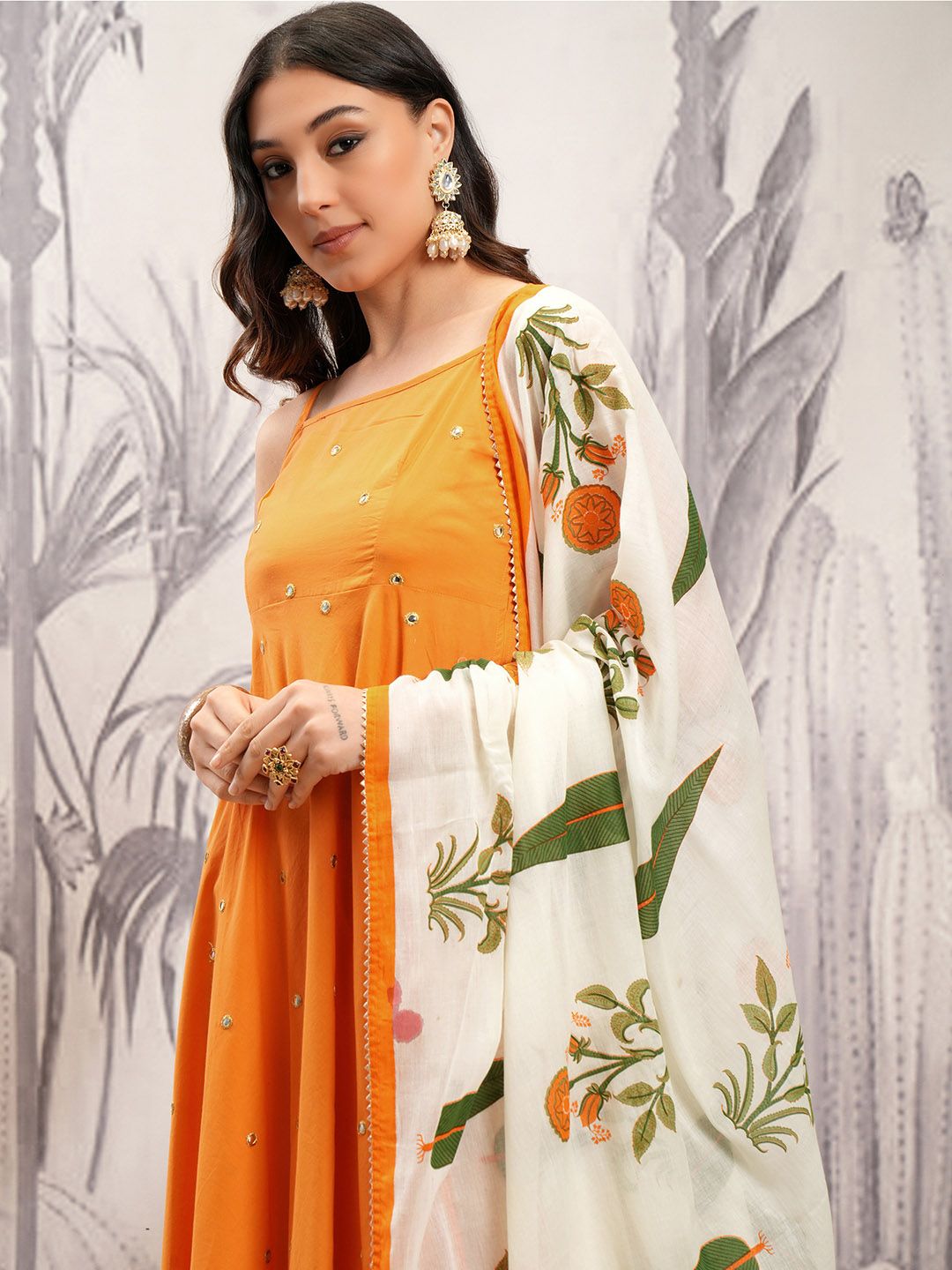 Vishudh Orange & Cream Embroidered Mirror Work Pure Cotton Kurta with Trousers & Dupatta
