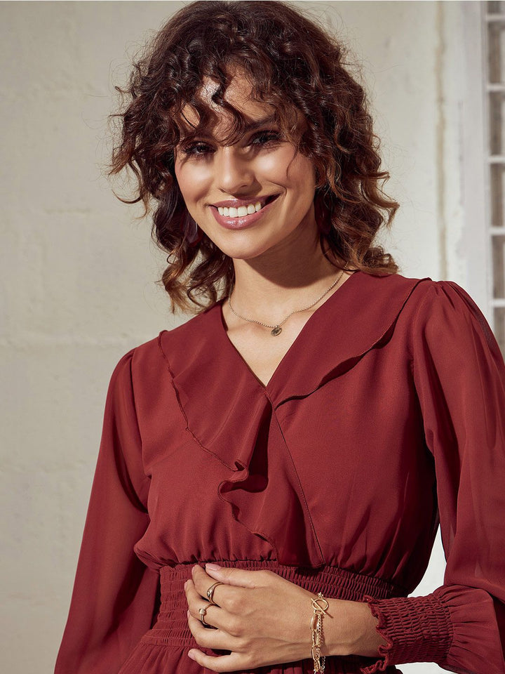 SASSAFRAS Rust Smocked Ruffled & Layered Georgette Fit & Flare Dress