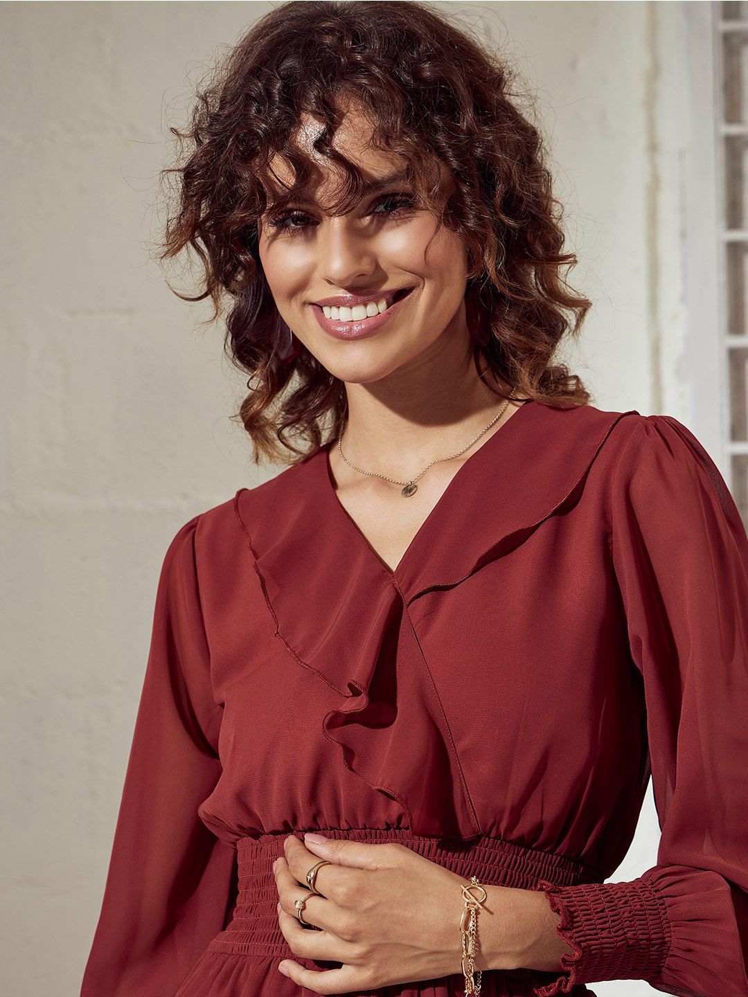 SASSAFRAS Rust Smocked Ruffled & Layered Georgette Fit & Flare Dress