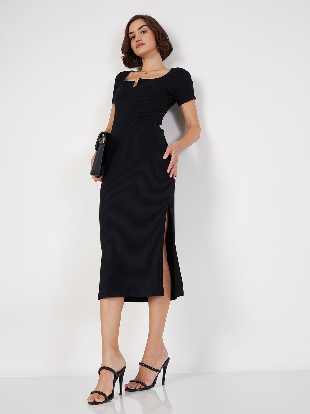 SASSAFRAS Square Neck Knitted Sheath Midi Dress
