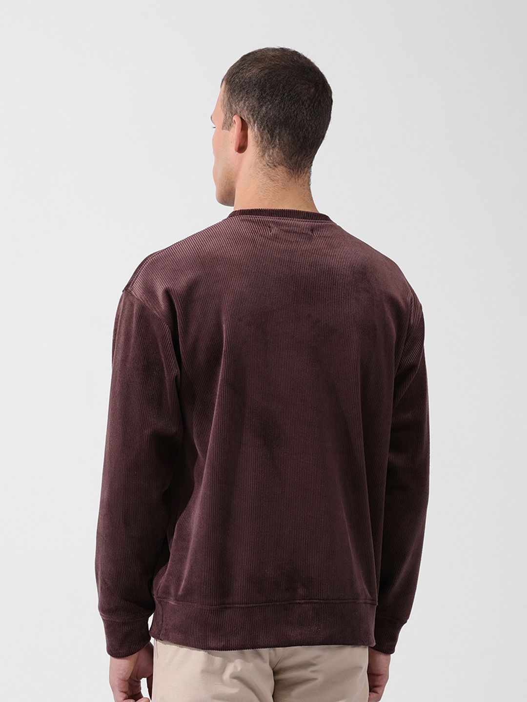 The Indian Garage Co Men Oversized Self Design Corduroy Crew Neck Sweatshirt