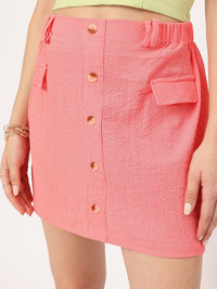DressBerry Pretty Pink Textured Mock Cargo Straight Mini Skirt