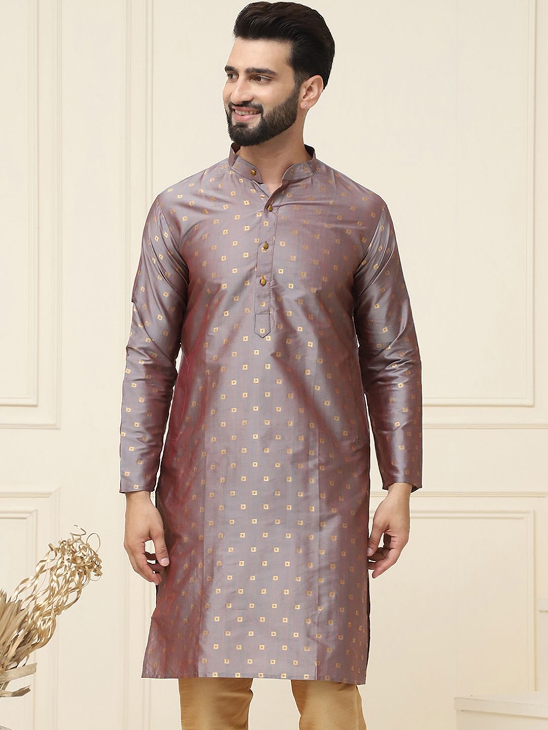 SOJANYA Men Grey Woven Design Straight Kurta