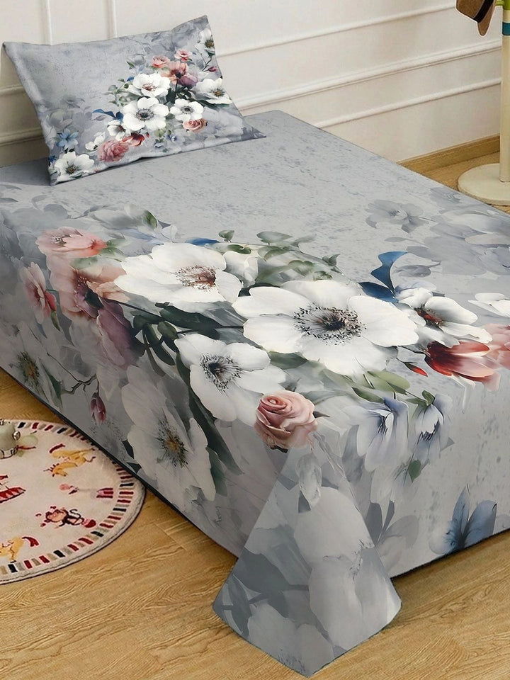 Moda Rapido X KLOTTHE Grey & White Floral 400 TC Single Bedsheet with 1 Pillow Covers