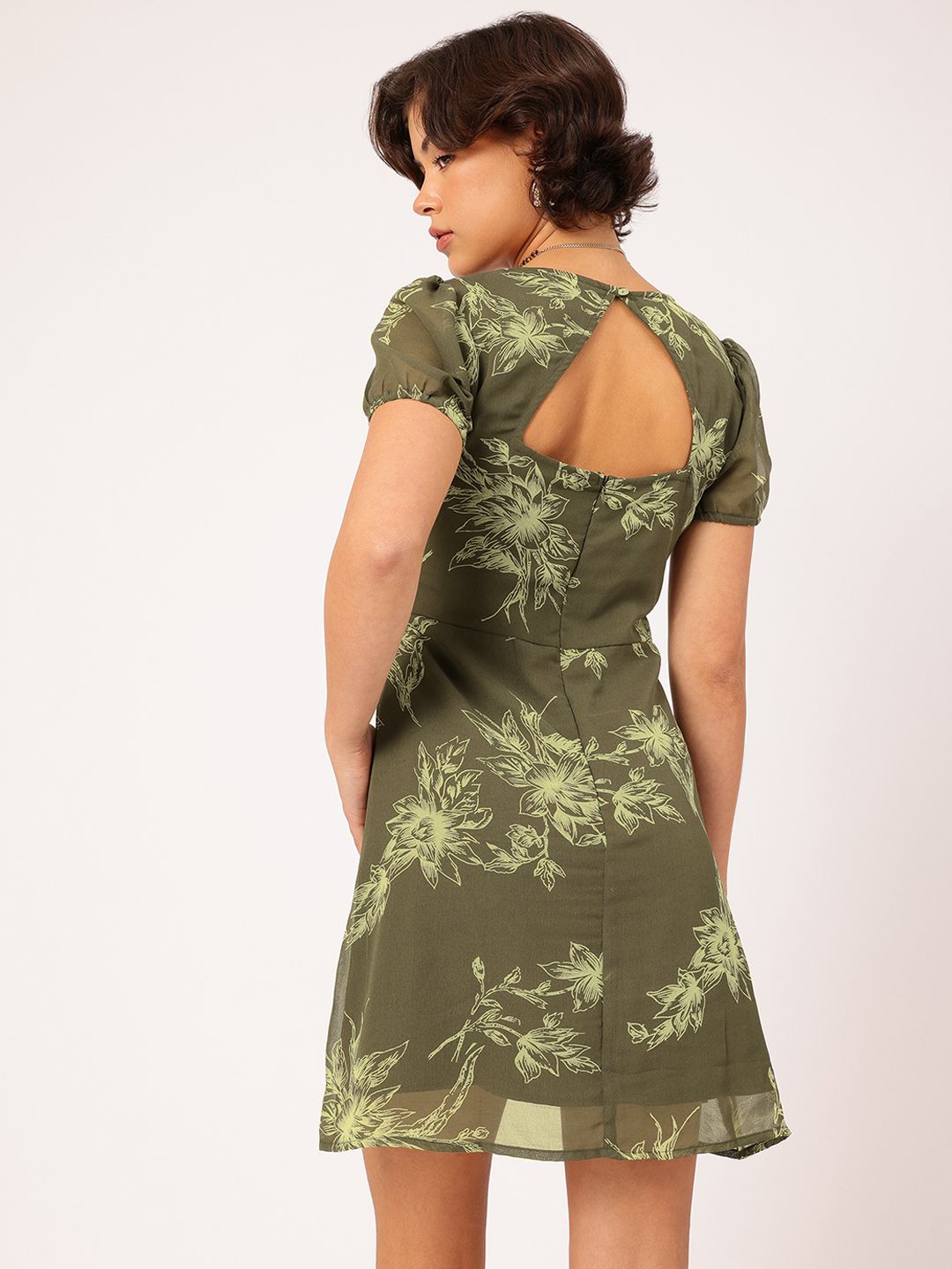 DressBerry Glam & Grunge Floral Printed Cut-Out Back A-Line Mini Dress