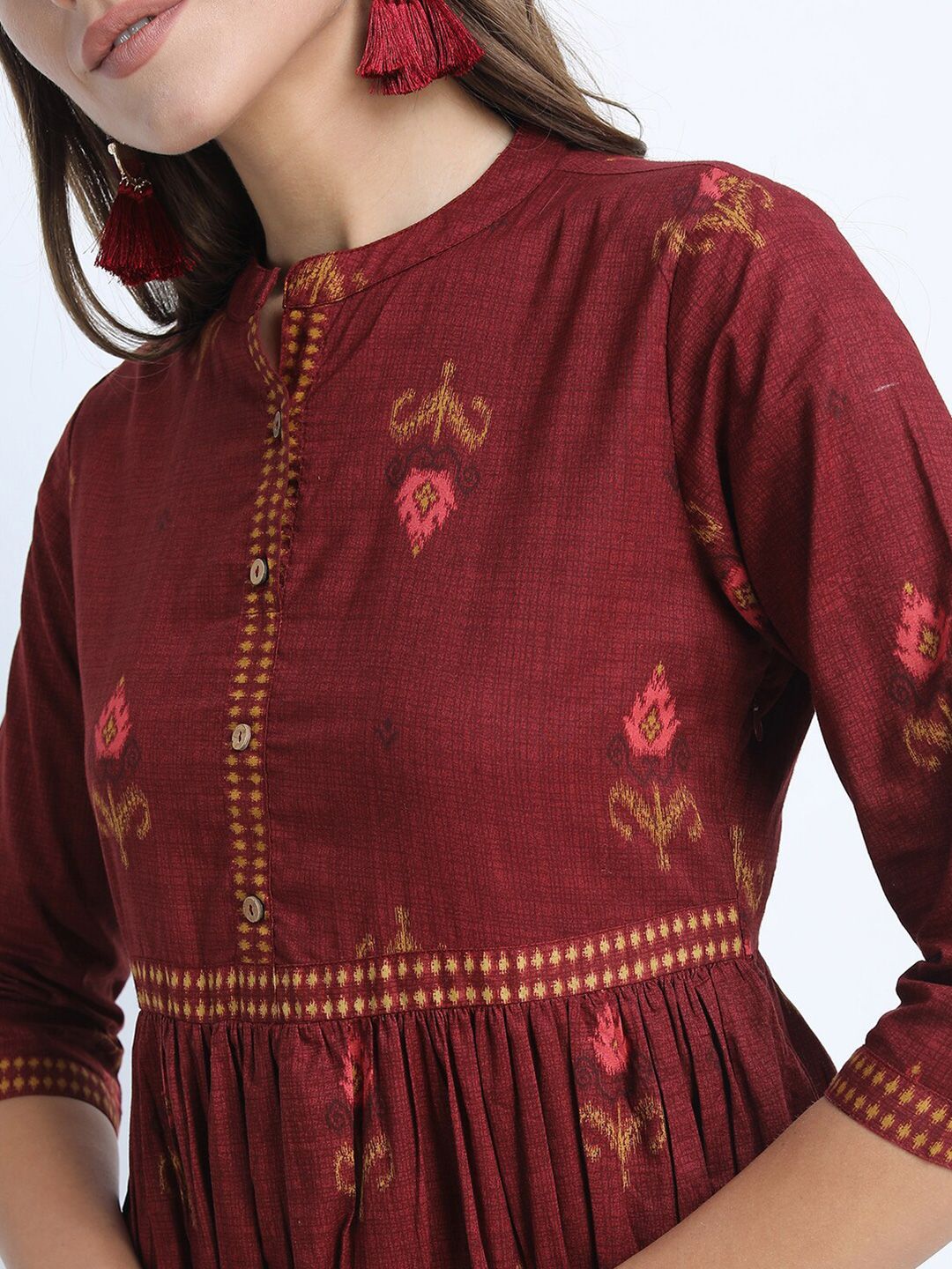 Vishudh Women Maroon Ethnic Motifs Ethnic Cotton Maxi Dress