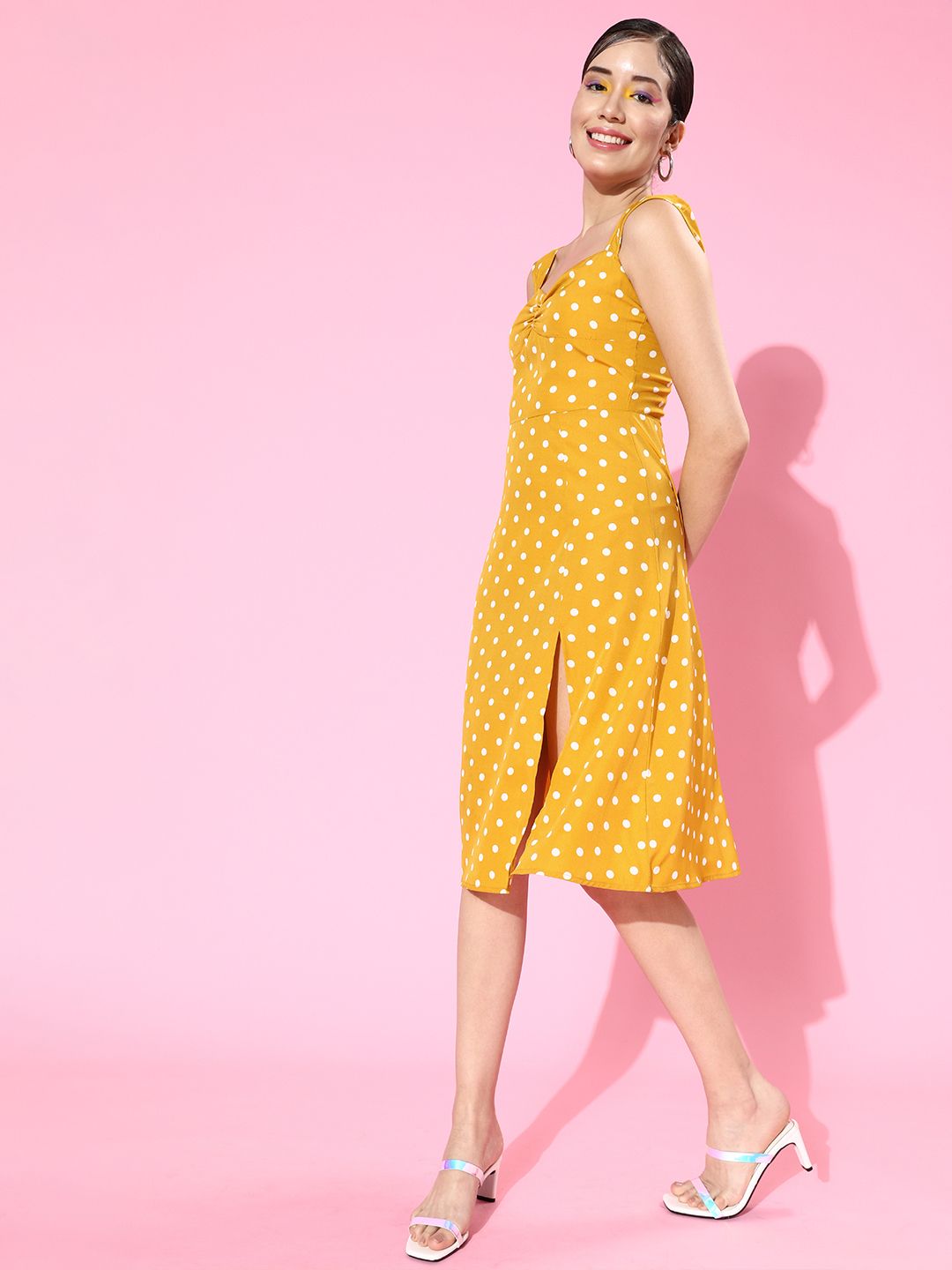 Berrylush Women Bright Yellow Polka Dots Sweetheart Neck Dress