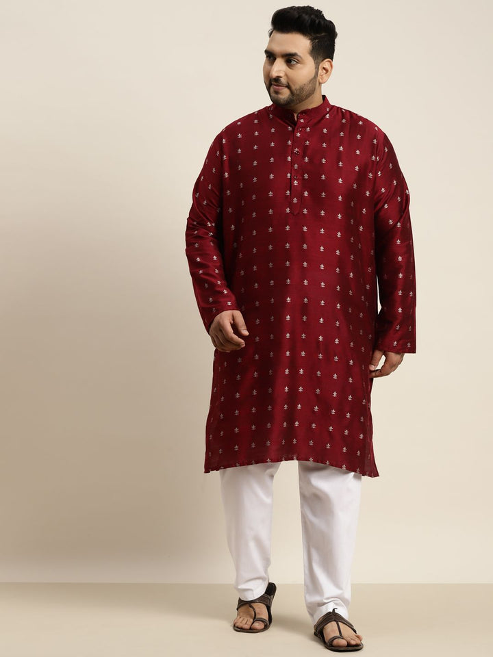 SOJANYA PLUS Men Maroon & Silver Jacquard Silk Woven Design Straight Kurta