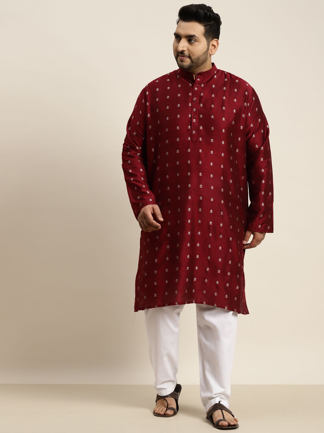 SOJANYA PLUS Men Maroon & Silver Jacquard Silk Woven Design Straight Kurta