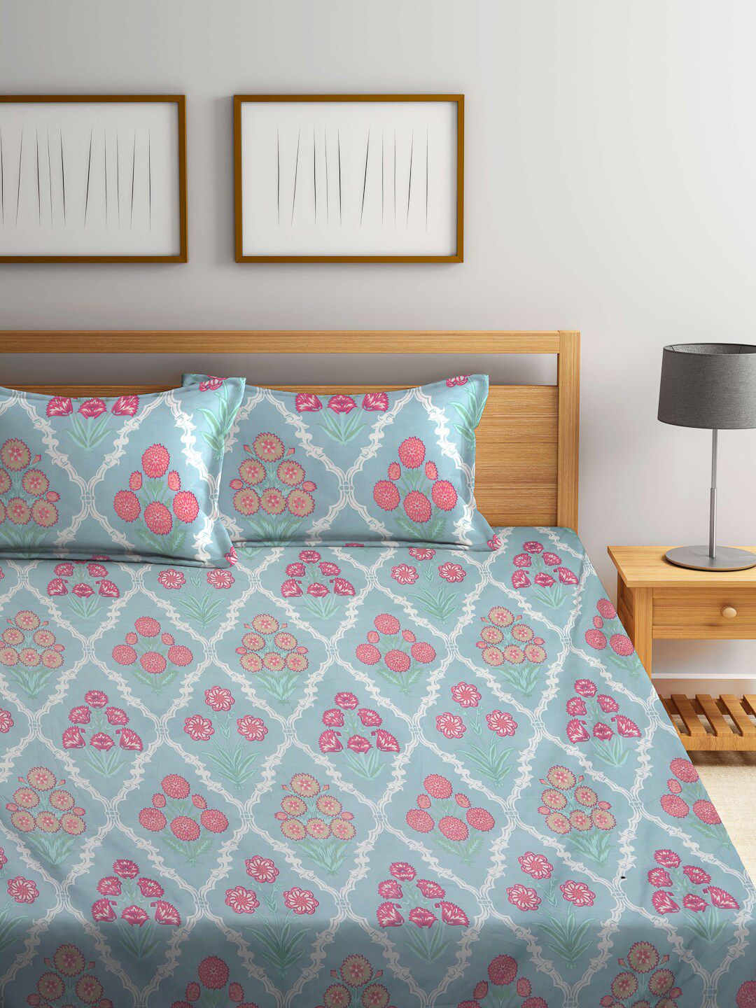 KLOTTHE Unisex Floral Blue 300 TC Fitted Double Bedsheet with 2 Pillow covers