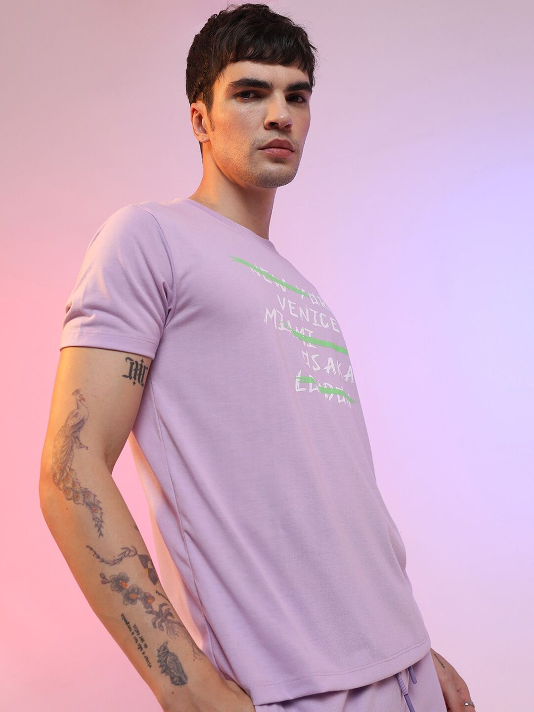 HIGHLANDER Lavender Typography Printed Short Sleeves Slim Fit T-shirt