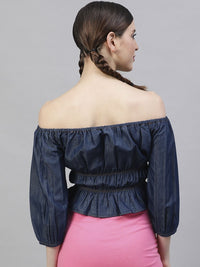 STREET 9 Navy Blue Pure Cotton Solid Denim Fitted Top