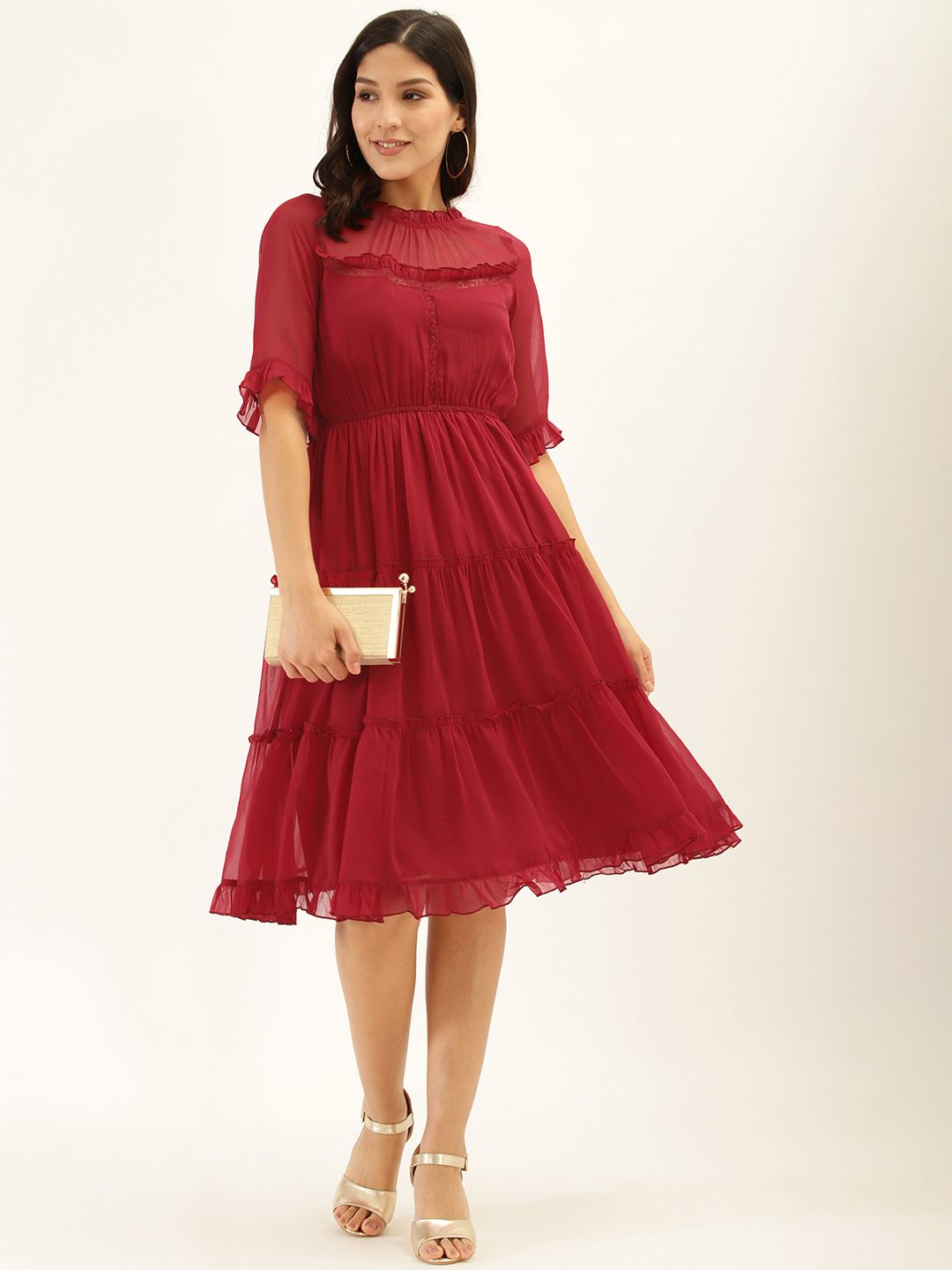 Antheaa Red Tiered Dress With Puff Sleeves
