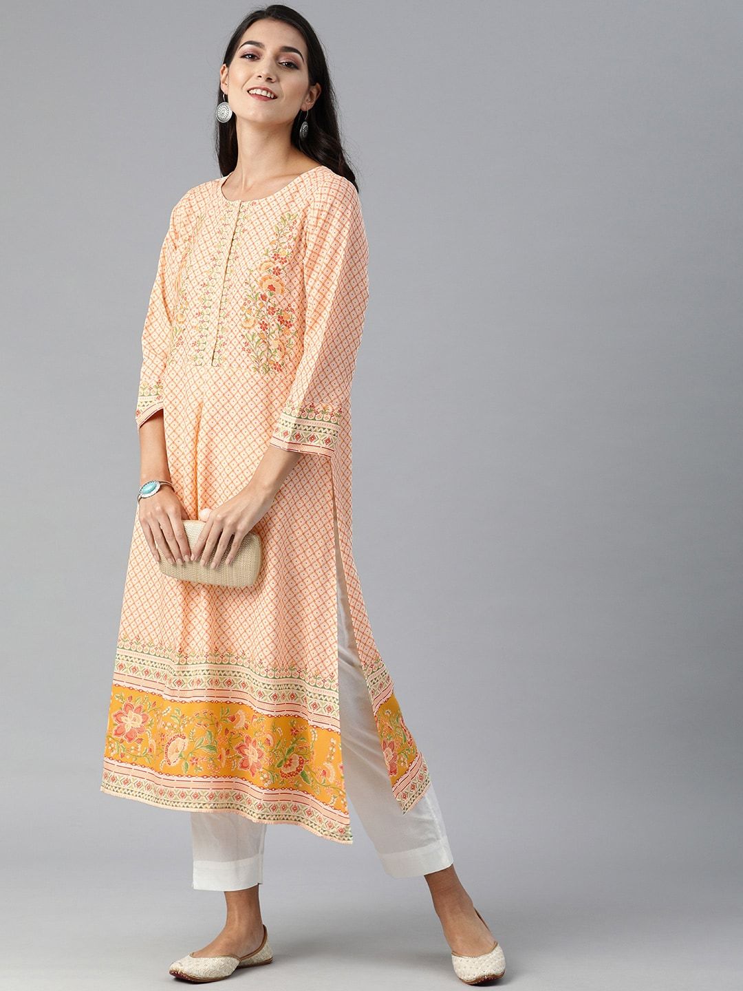Global Desi Women Cream-Coloured & Orange Geometric Printed Kurta