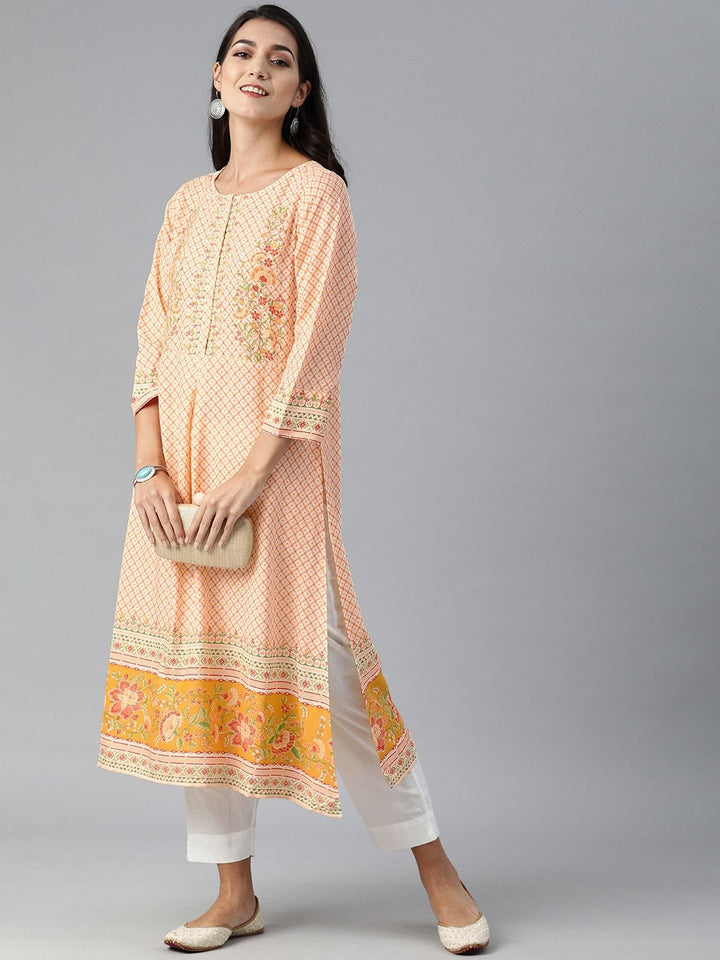 Global Desi Women Cream-Coloured & Orange Geometric Printed Kurta