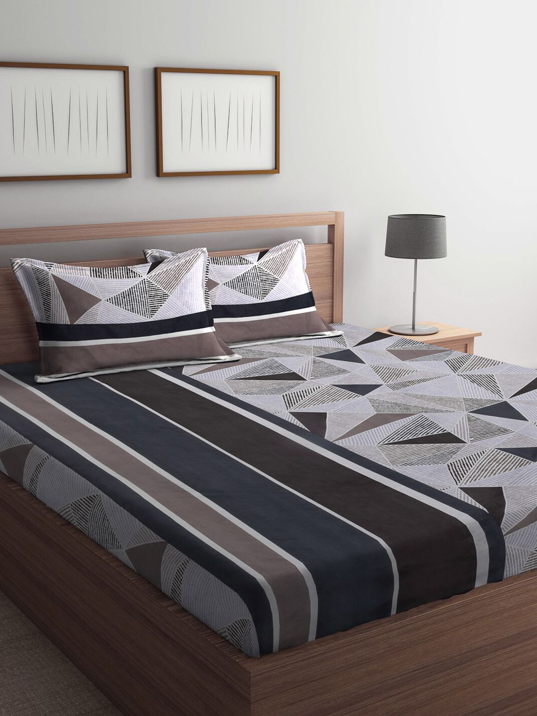 KLOTTHE Cadar Bercetak Geometrik Coklat Flat 300 TC King dengan 2 Sarung Bantal-250X220 sm