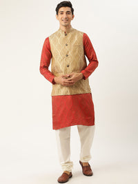 SOJANYA Men Red Ethnic Motifs Jacquard Silk Kurta with Churidar & Nehru Jacket