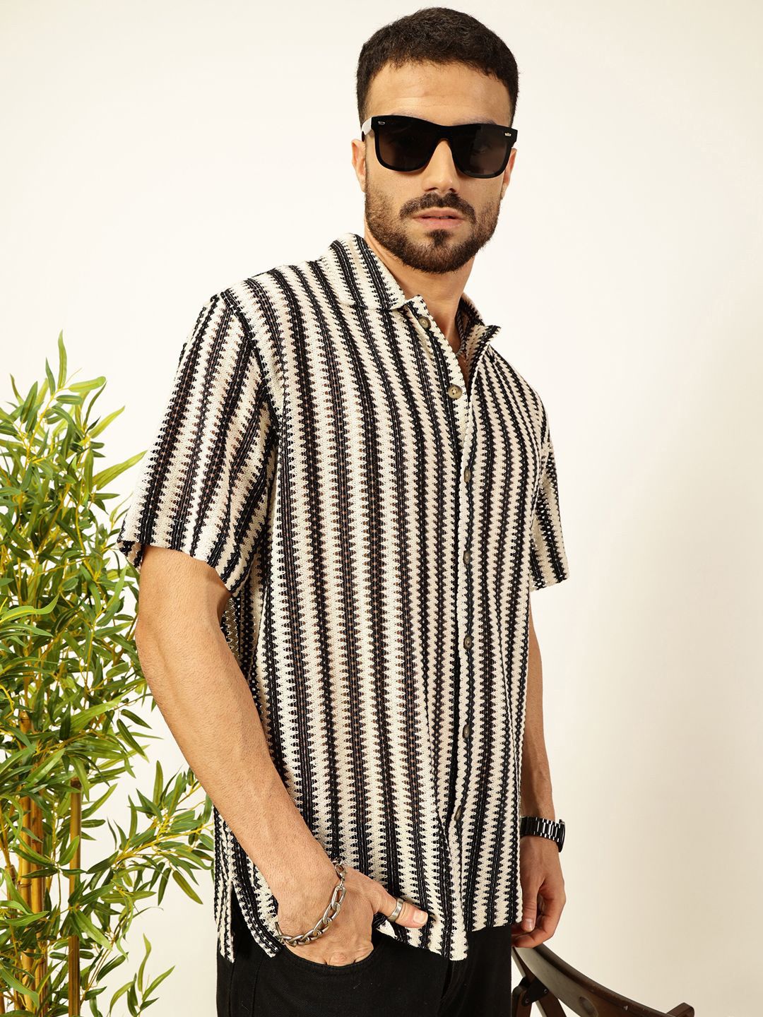 Thomas Scott Men Vertical Stripes Self Design Regular Fit Semi-Sheer Casual Crochet Shirt