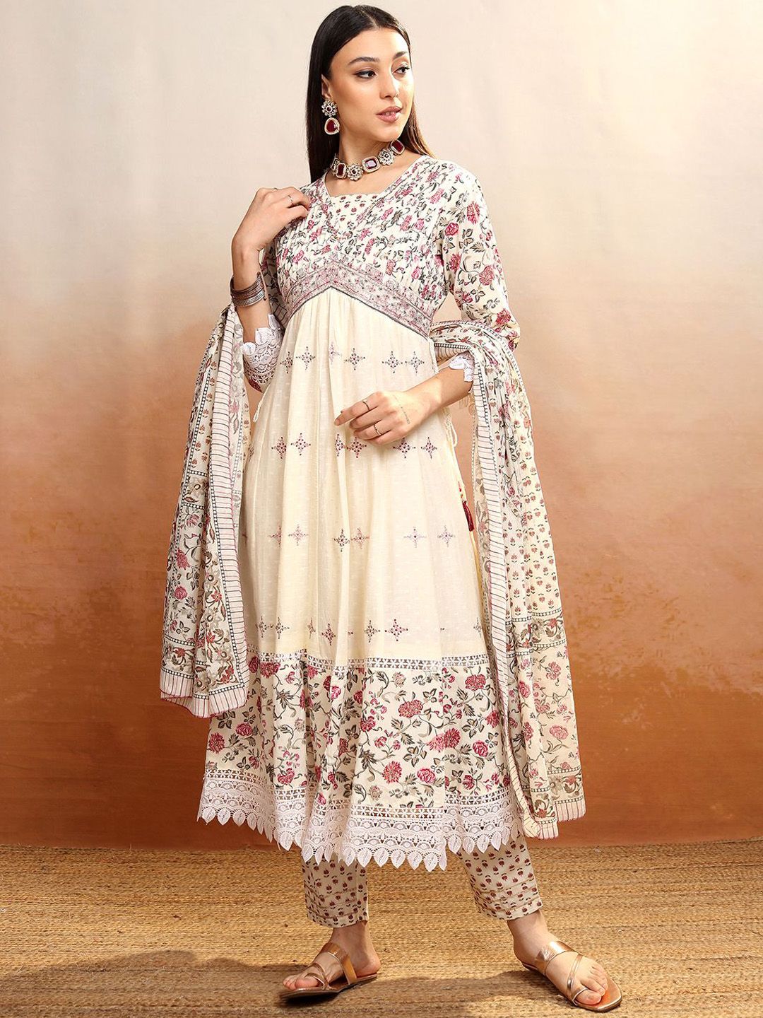 Vishudh Women Floral Printed Regular Pure Cotton Kurta with Trousers & With Dupatta