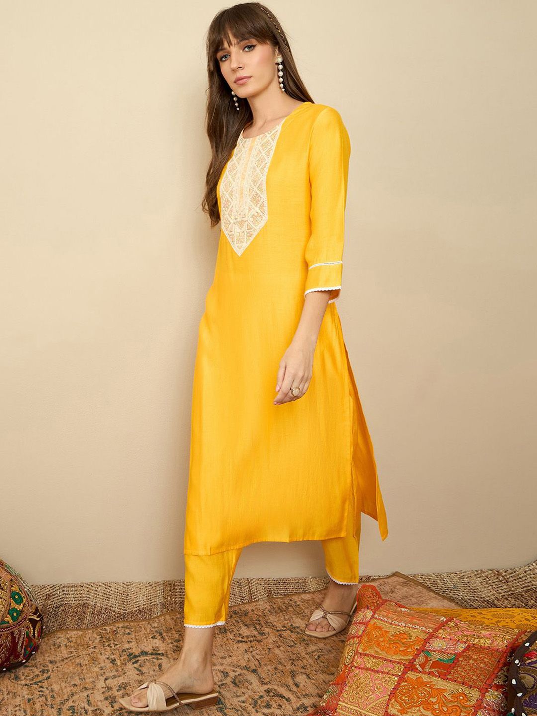 Indo Era Floral Embroidered Sequinned Liva Straight Kurta With Trousers