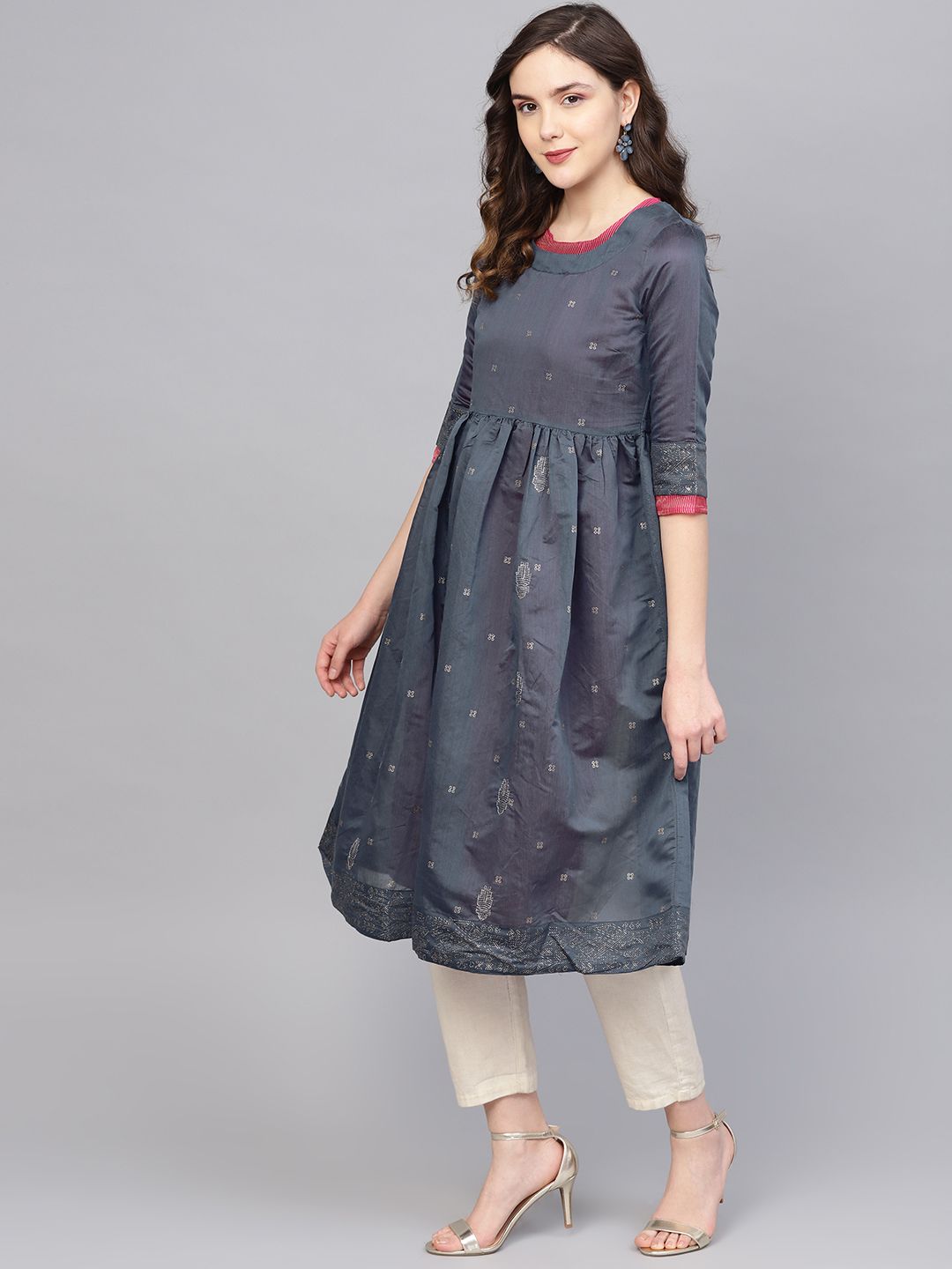 W Women Navy Blue Printed A-Line Kurta