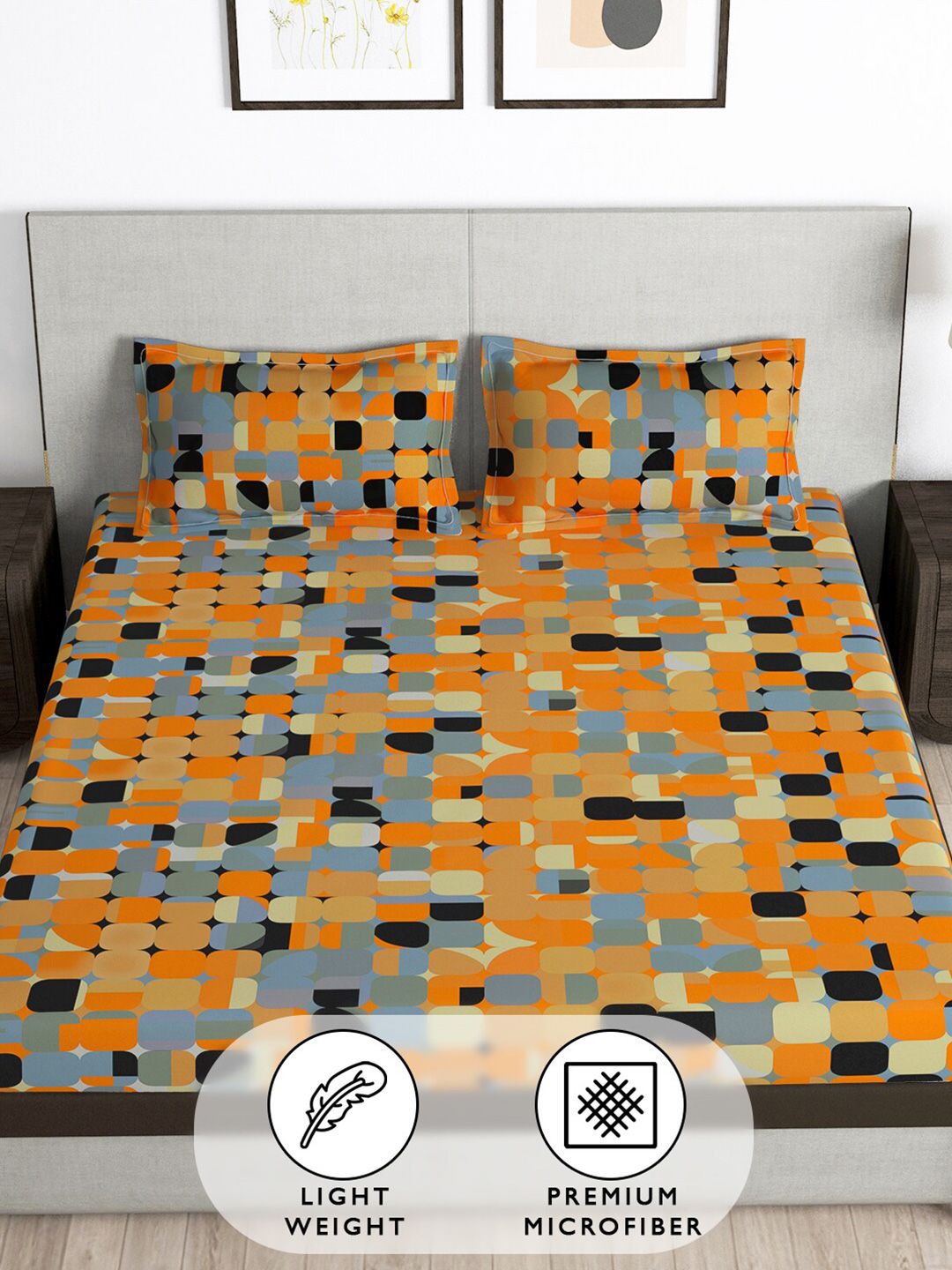 Story@home Orange & Grey 180 TC Queen Bedsheet with 2 Pillow Covers