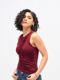 SASSAFRAS Maroon Sleeveless Ruched Fitted Top