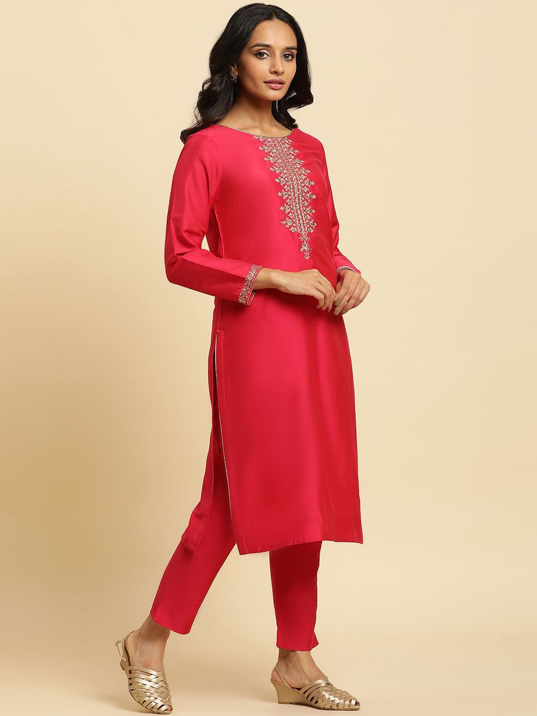 W Floral Embroidered Regular Straight Kurta with Trousers & With Dupatta