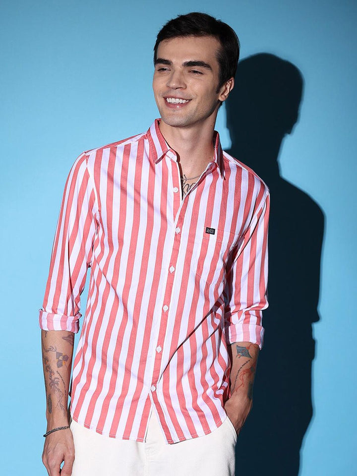 The Indian Garage Co Pink Slim Fit Vertical Striped Spread Collar Cotton Casual Shirt