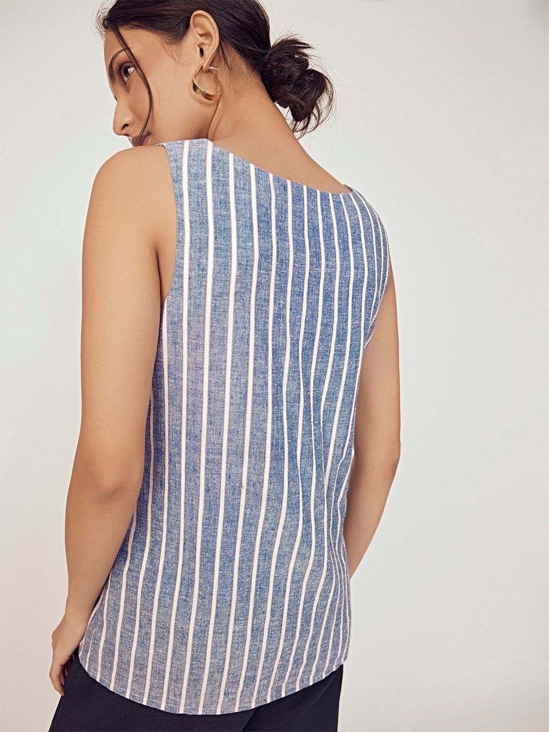 The Label Life Horizontal Striped V-Neck Sleeveless Tie-Ups Detail Cotton A-Line Top