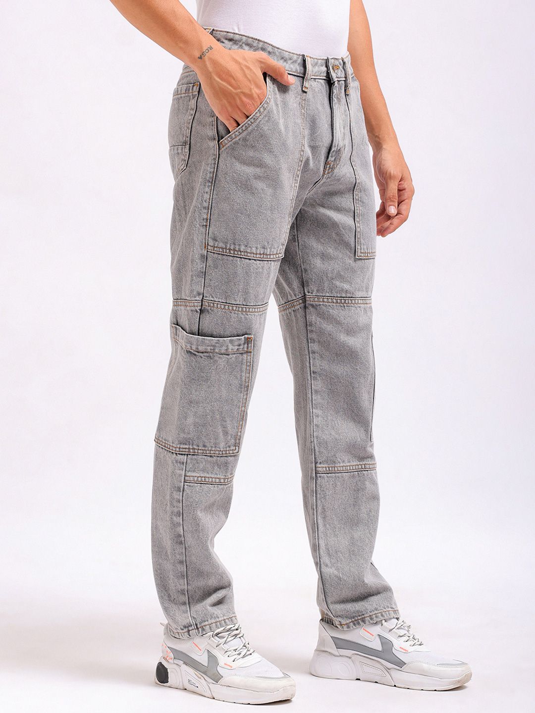 The Indian Garage Co Men Dad Fit Mid-Rise Clean Look Heavy Fade Cargo Style Cotton Jeans