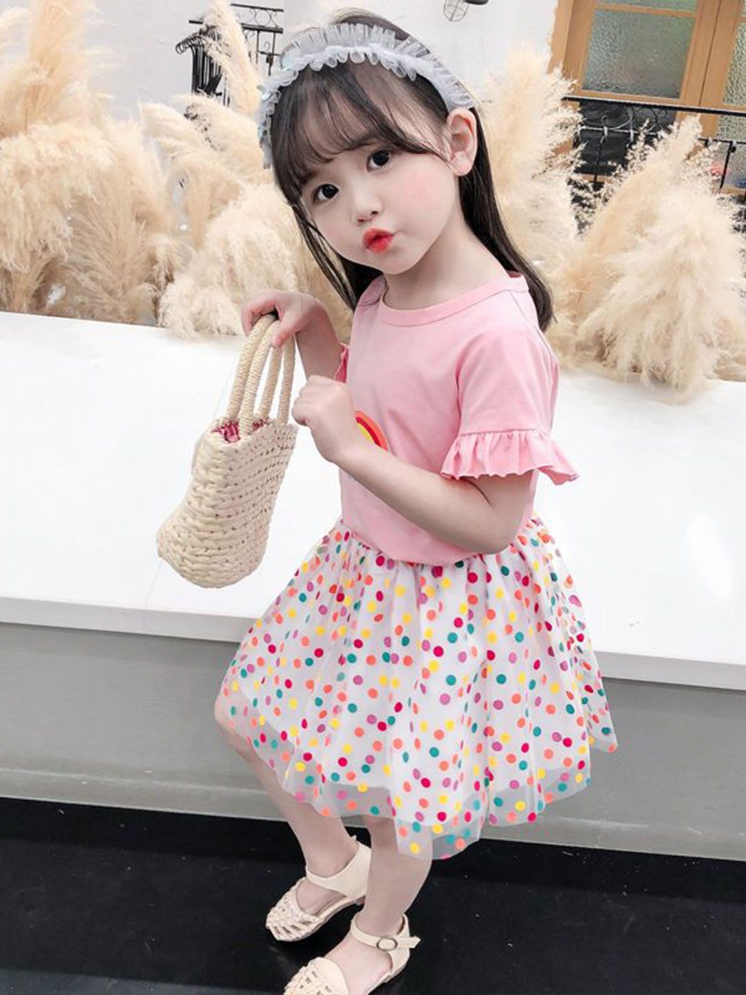 YK Girls Printed Round Neck Short Sleeves Pure Cotton Top With Skirt