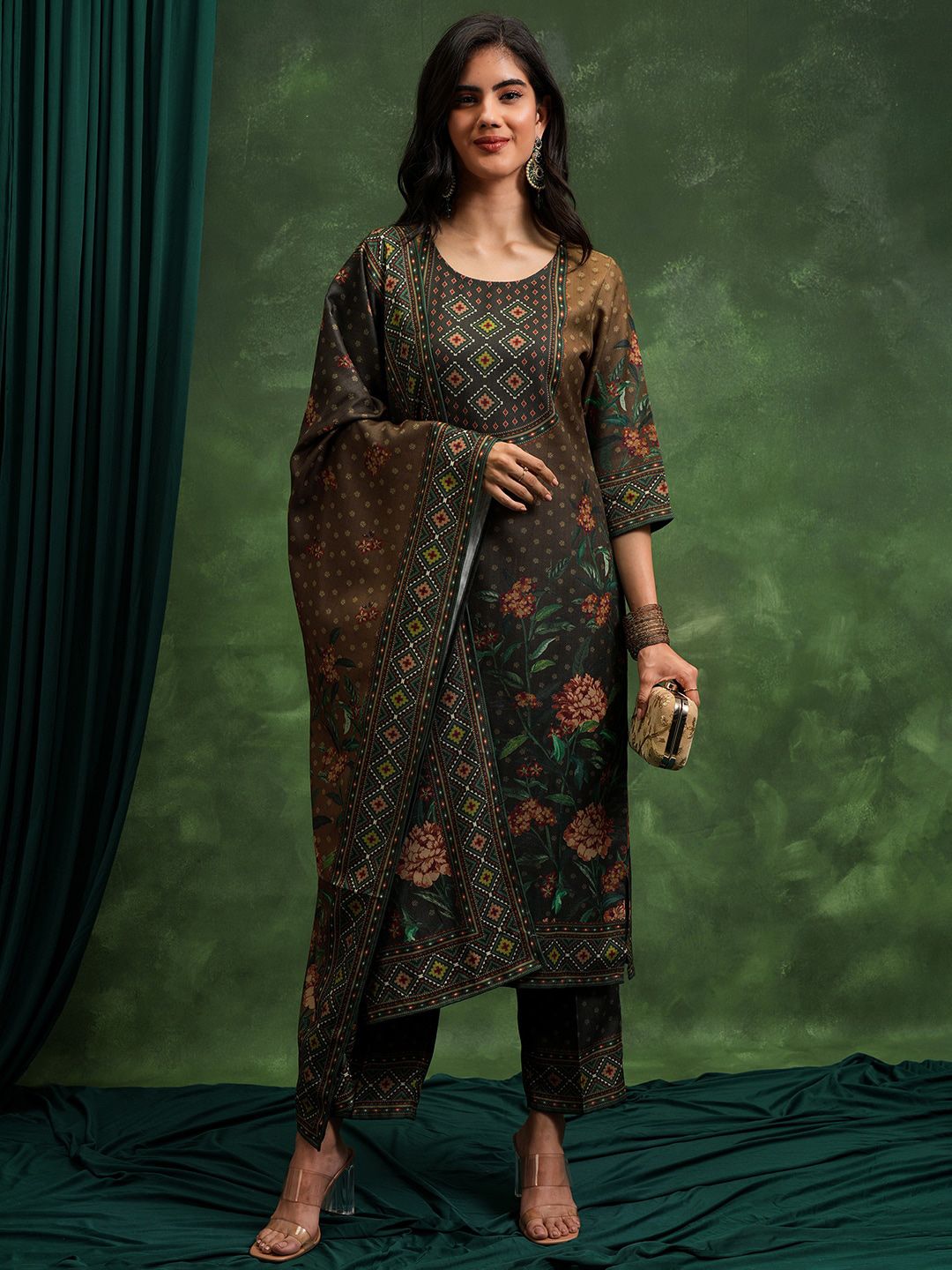 Vishudh Brown Floral Printed Regular Kurta with Trousers & Dupatta
