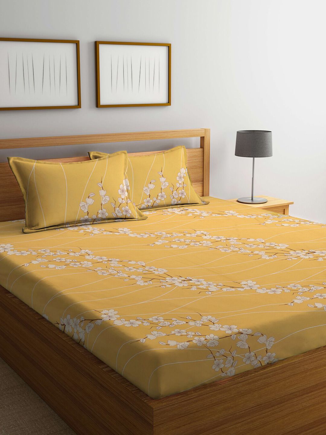 KLOTTHE Yellow Floral Pure Cotton 400 TC Fitted King Superfine Bedsheet with 2 Pillow Covers-250 x 225 cm