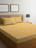 KLOTTHE Yellow Floral Pure Cotton 400 TC Fitted King Superfine Bedsheet with 2 Pillow Covers-250 x 225 cm