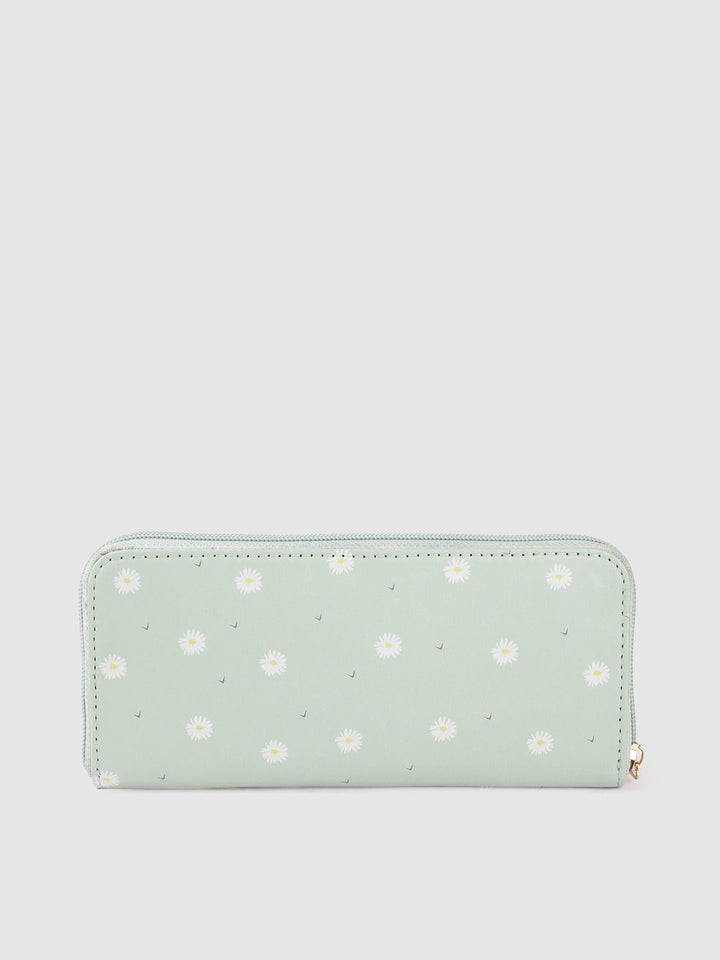 Berrylush Women Green Floral Printed Zip Detail Zip Around Wallet